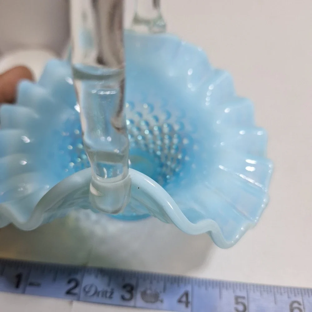 Vintage Fenton Blue Opalescent Hobnail Ruffled Bowl & Basket Set Milk Glass